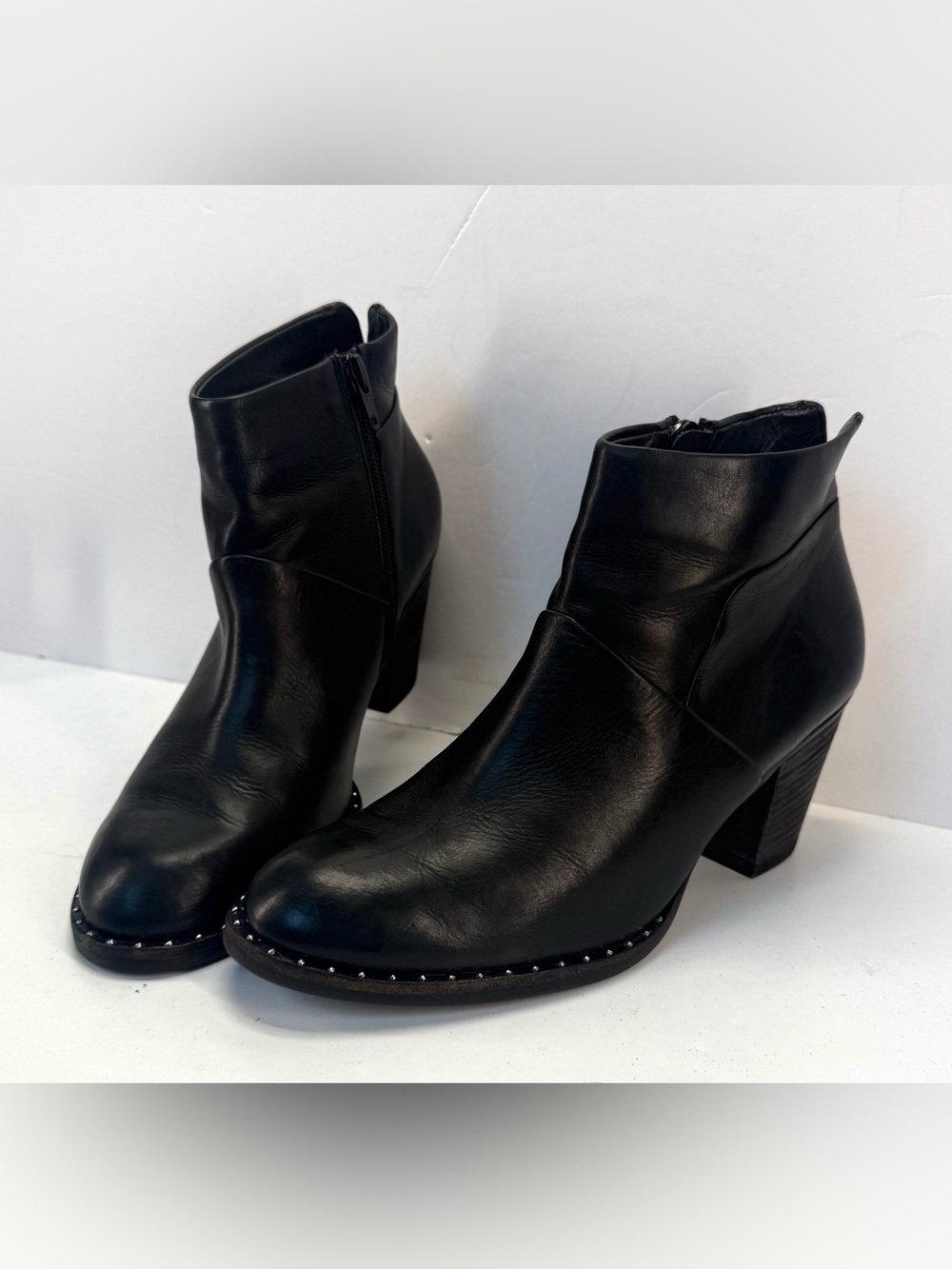 Paul Green Black Leather Ankle Booties with Stud Trim
